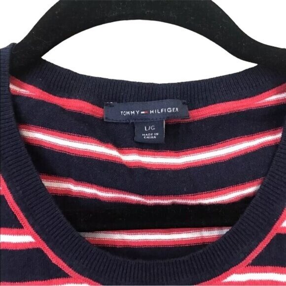 Tommy Hilfiger Size L Sleeveless Navy Red Striped Knit Top Lace Hem Nautical - Picture 2 of 7